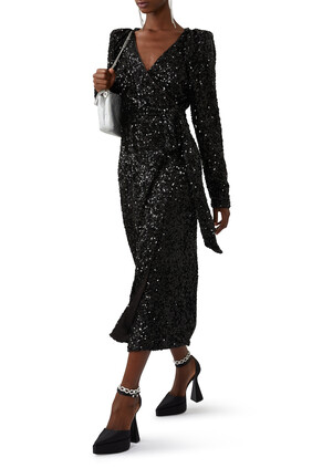 Sequin Puff-Sleeve Wrap Dres